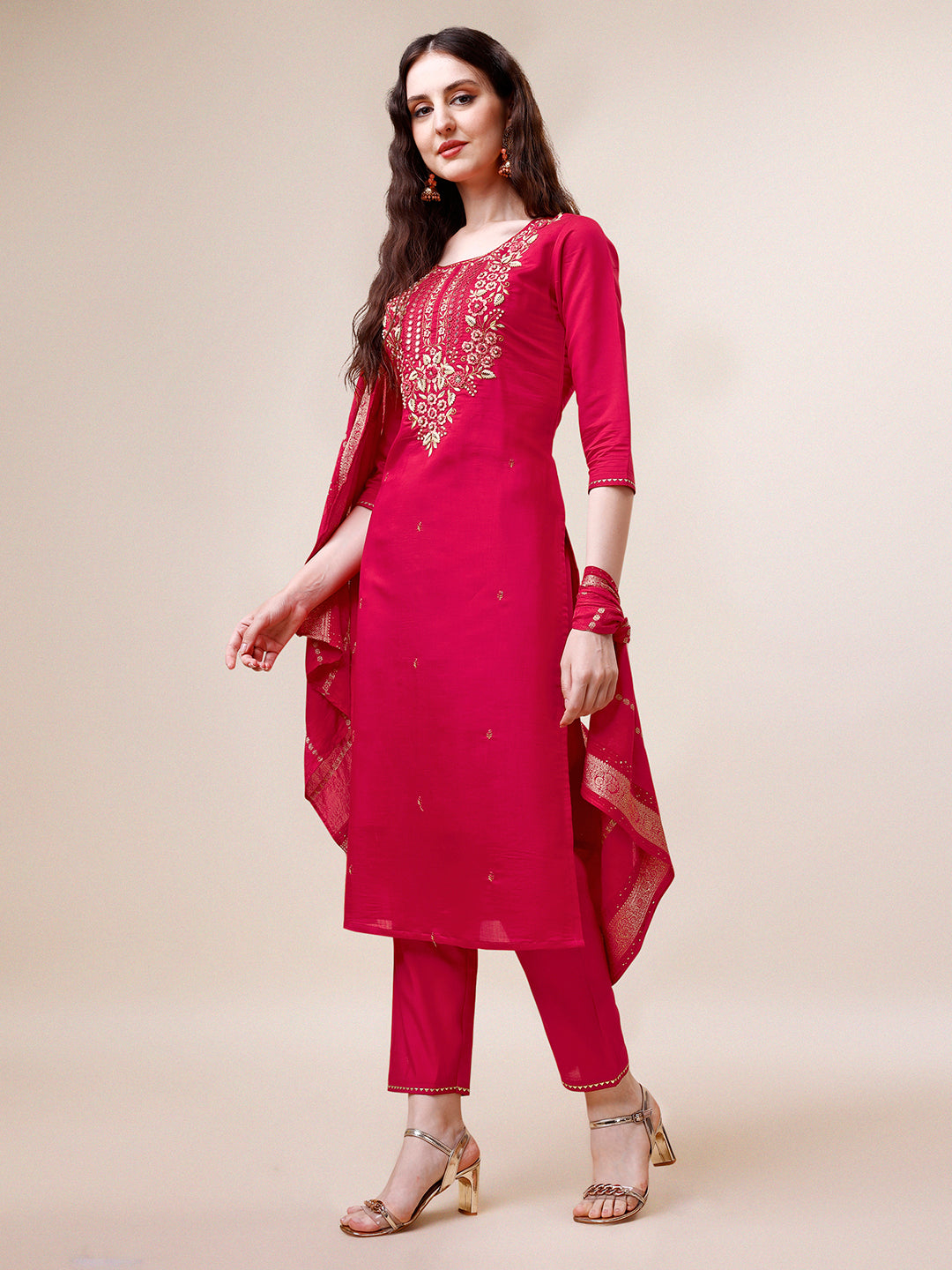 Hand Embroidered Kurta With Pant & Dupatta, Multicolor - Hiral Fashion - Distacart