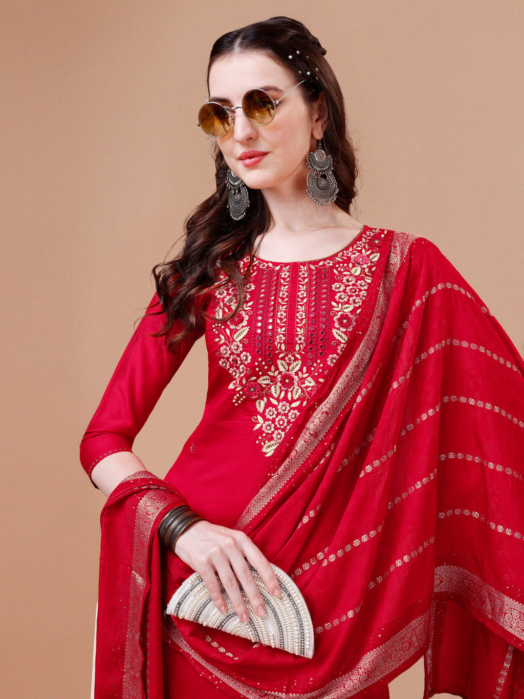 Hand Embroidered Kurta With Pant & Dupatta, Multicolor - Hiral Fashion - Distacart