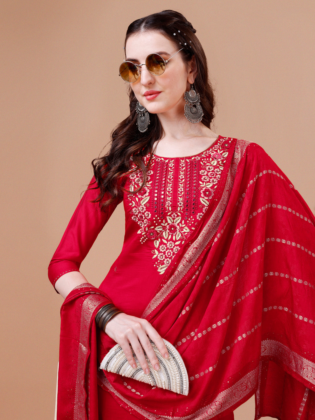 Hand Embroidered Kurta With Pant & Dupatta, Multicolor - Hiral Fashion - Distacart