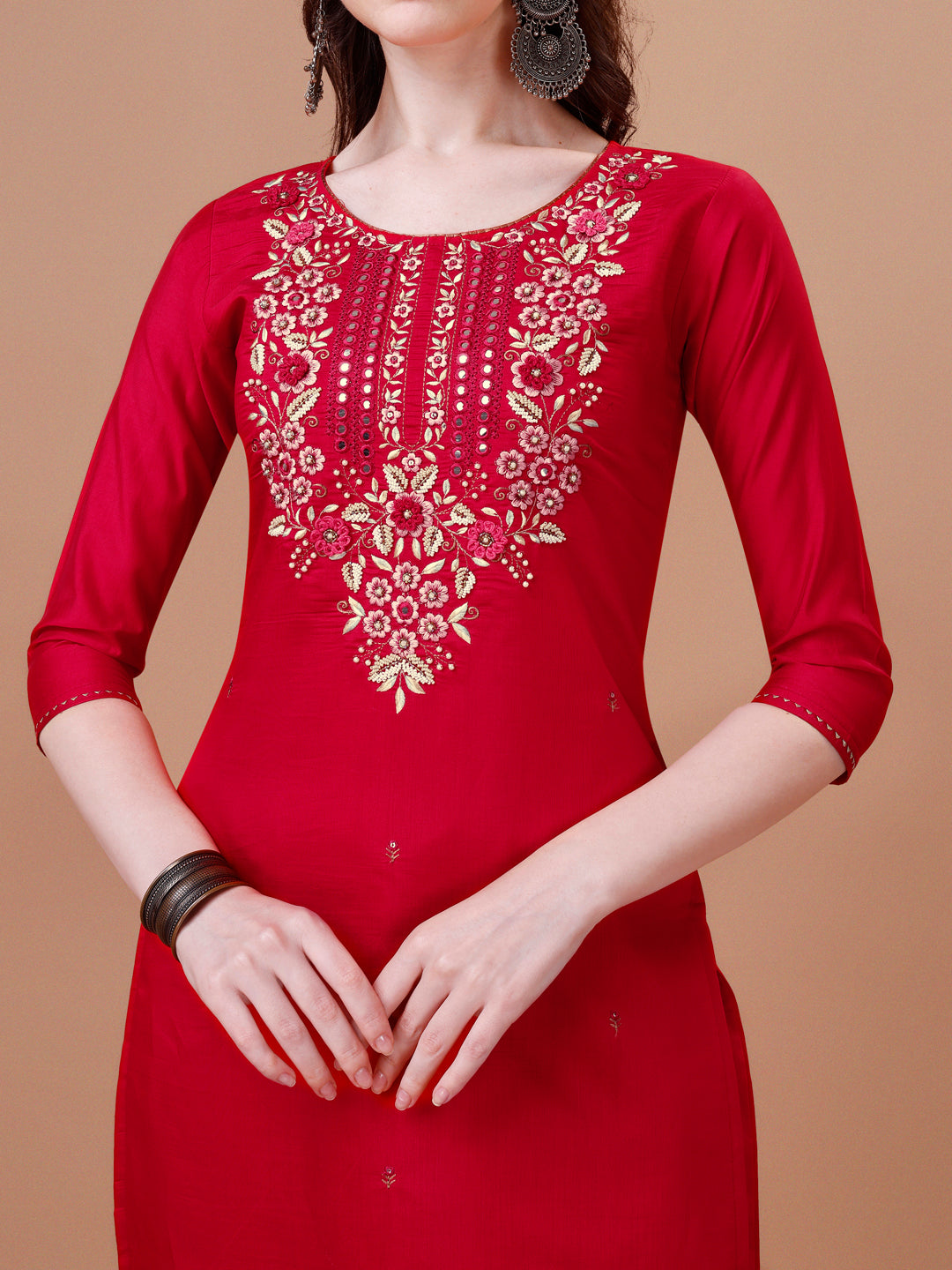 Hand Embroidered Kurta With Pant & Dupatta, Multicolor - Hiral Fashion - Distacart
