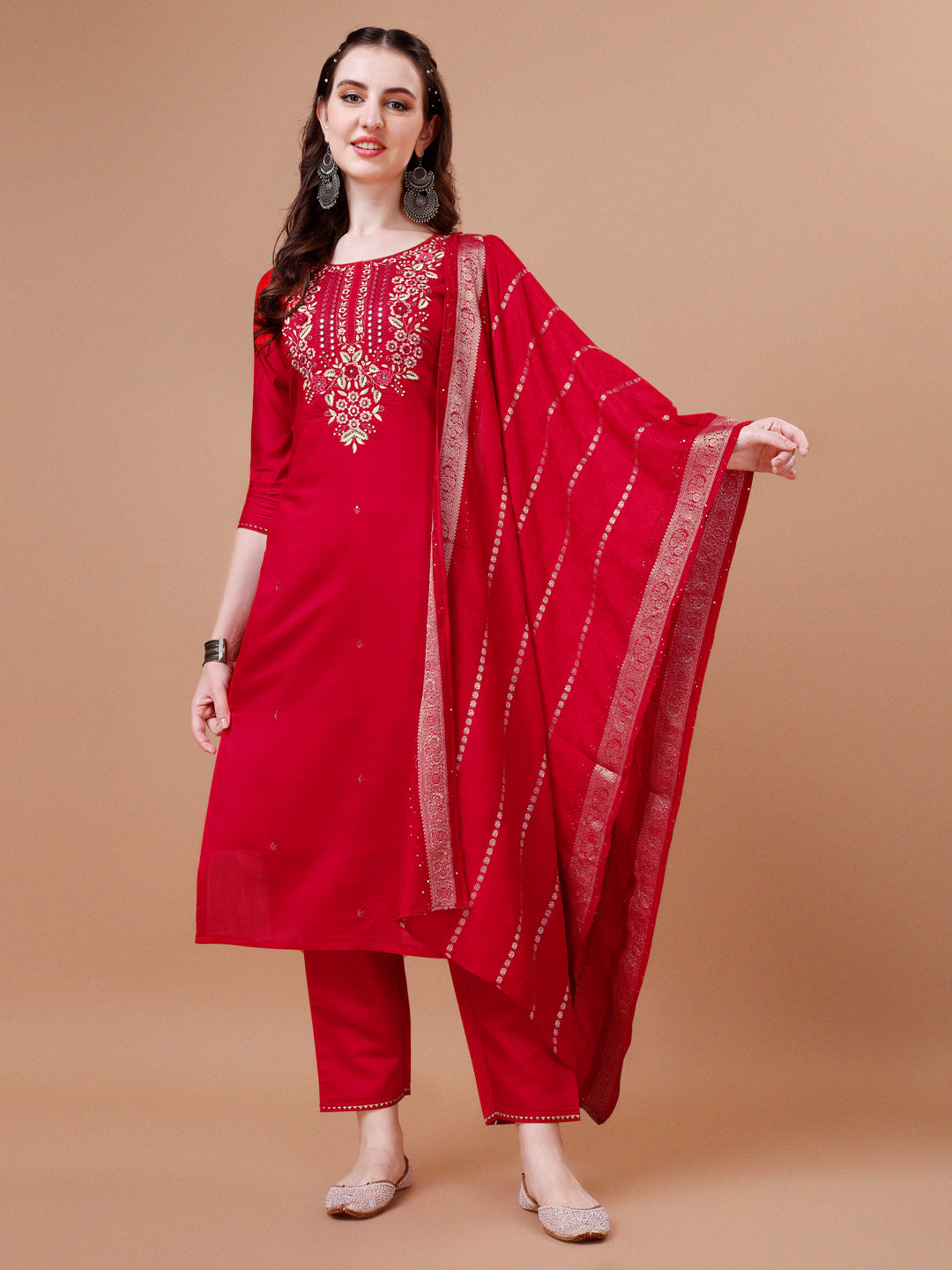 Hand Embroidered Kurta With Pant & Dupatta, Multicolor - Hiral Fashion - Distacart