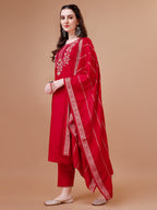 Hand Embroidered Kurta With Pant & Dupatta, Multicolor - Hiral Fashion - Distacart