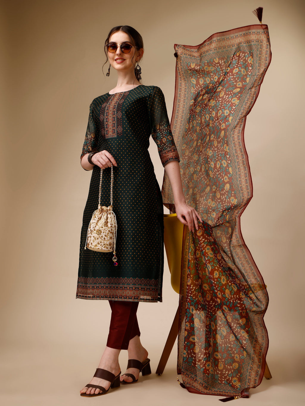 Polka & Floral Printed Chanderi Kurta With Pant & Dupatta, Multicolor - Hiral Fashion - Distacart