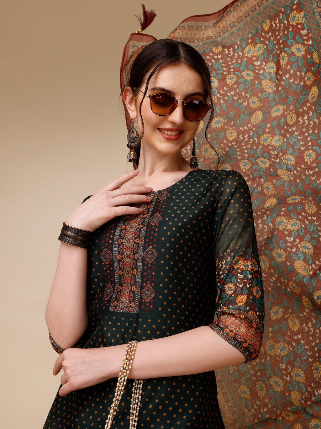Polka & Floral Printed Chanderi Kurta With Pant & Dupatta, Multicolor - Hiral Fashion - Distacart
