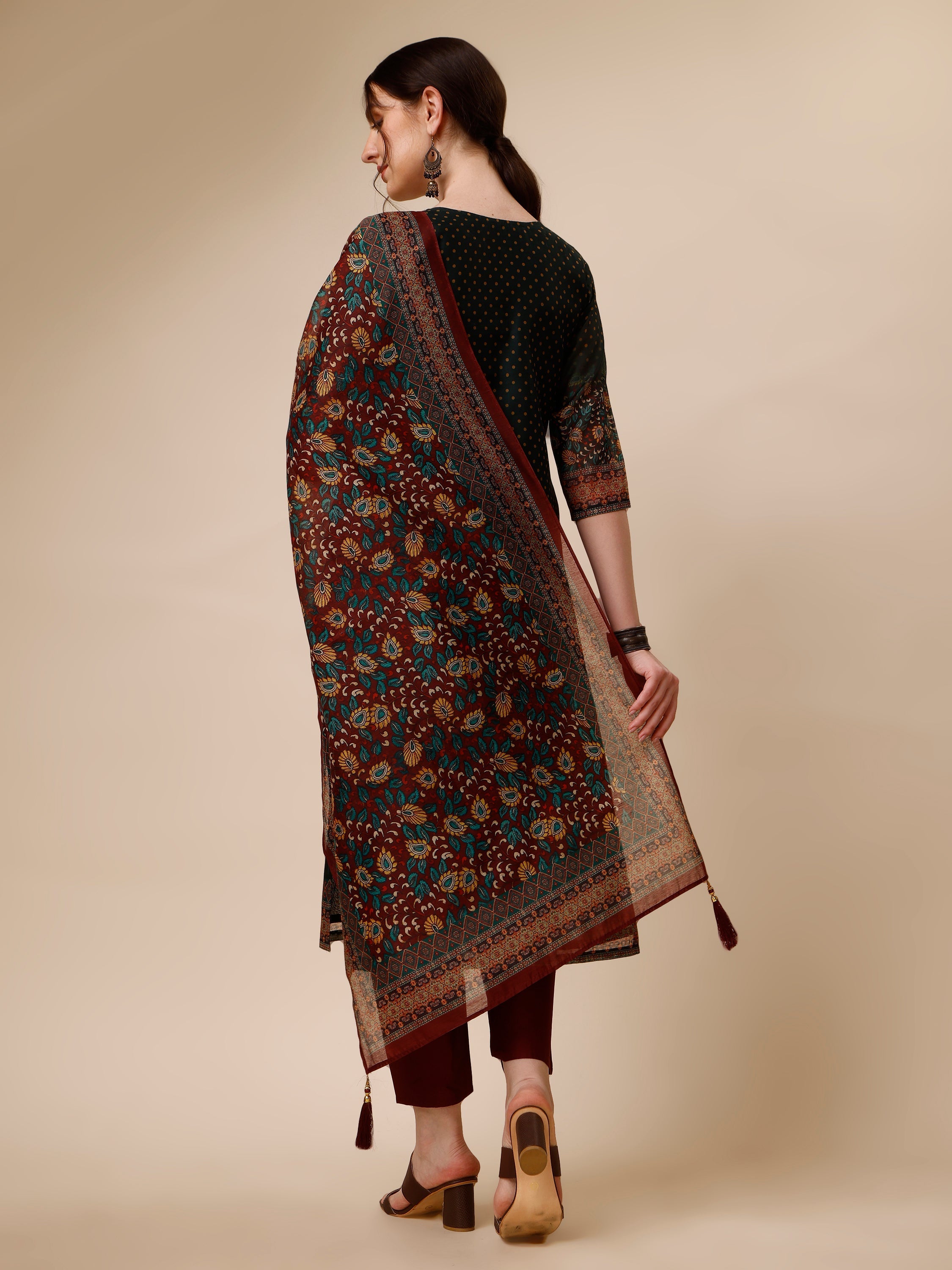 Polka & Floral Printed Chanderi Kurta With Pant & Dupatta, Multicolor - Hiral Fashion - Distacart
