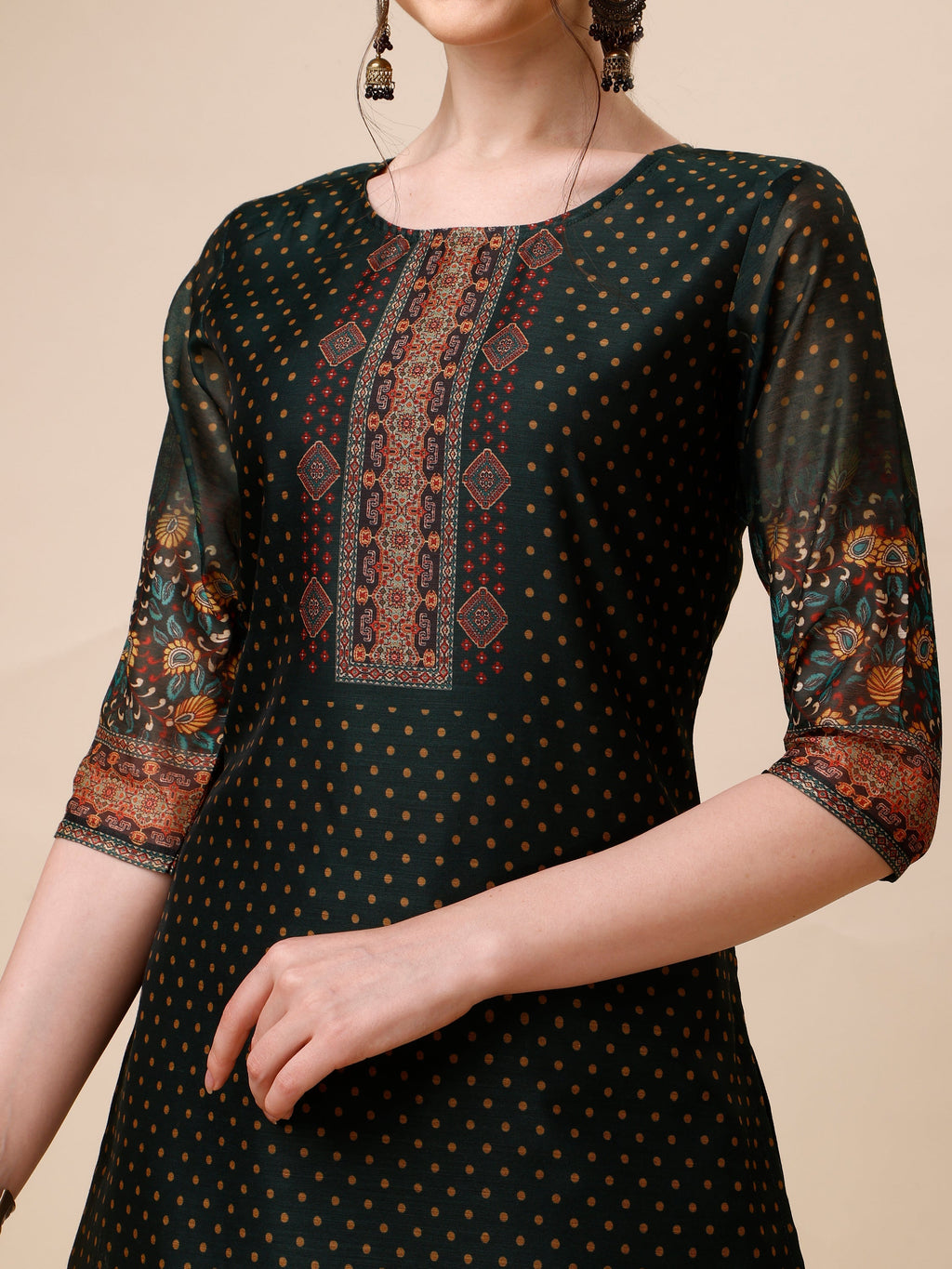 Polka & Floral Printed Chanderi Kurta With Pant & Dupatta, Multicolor - Hiral Fashion - Distacart