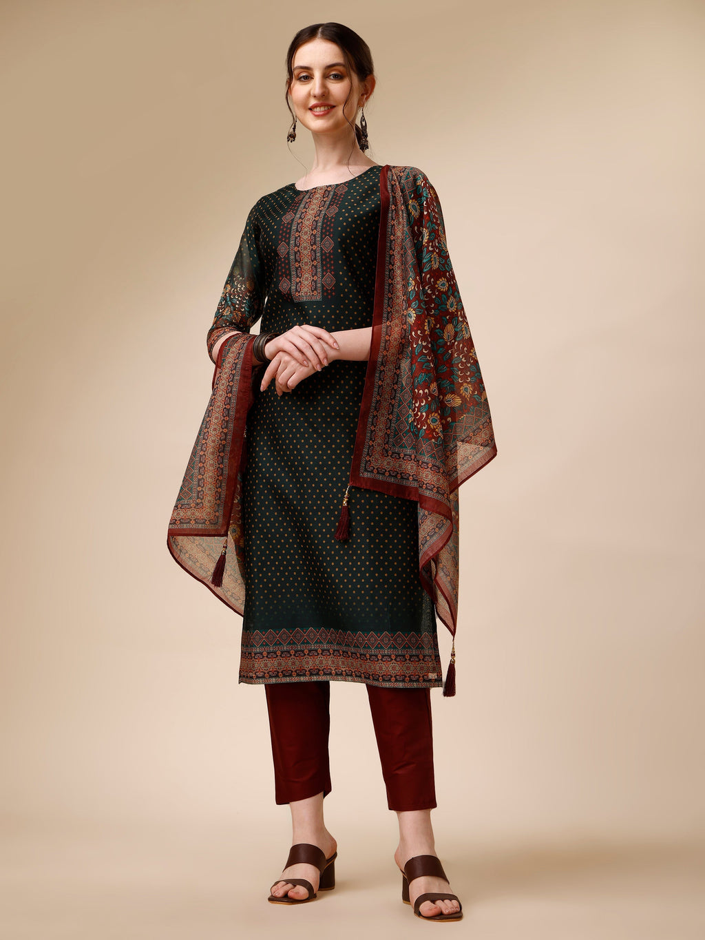 Polka & Floral Printed Chanderi Kurta With Pant & Dupatta, Multicolor - Hiral Fashion - Distacart