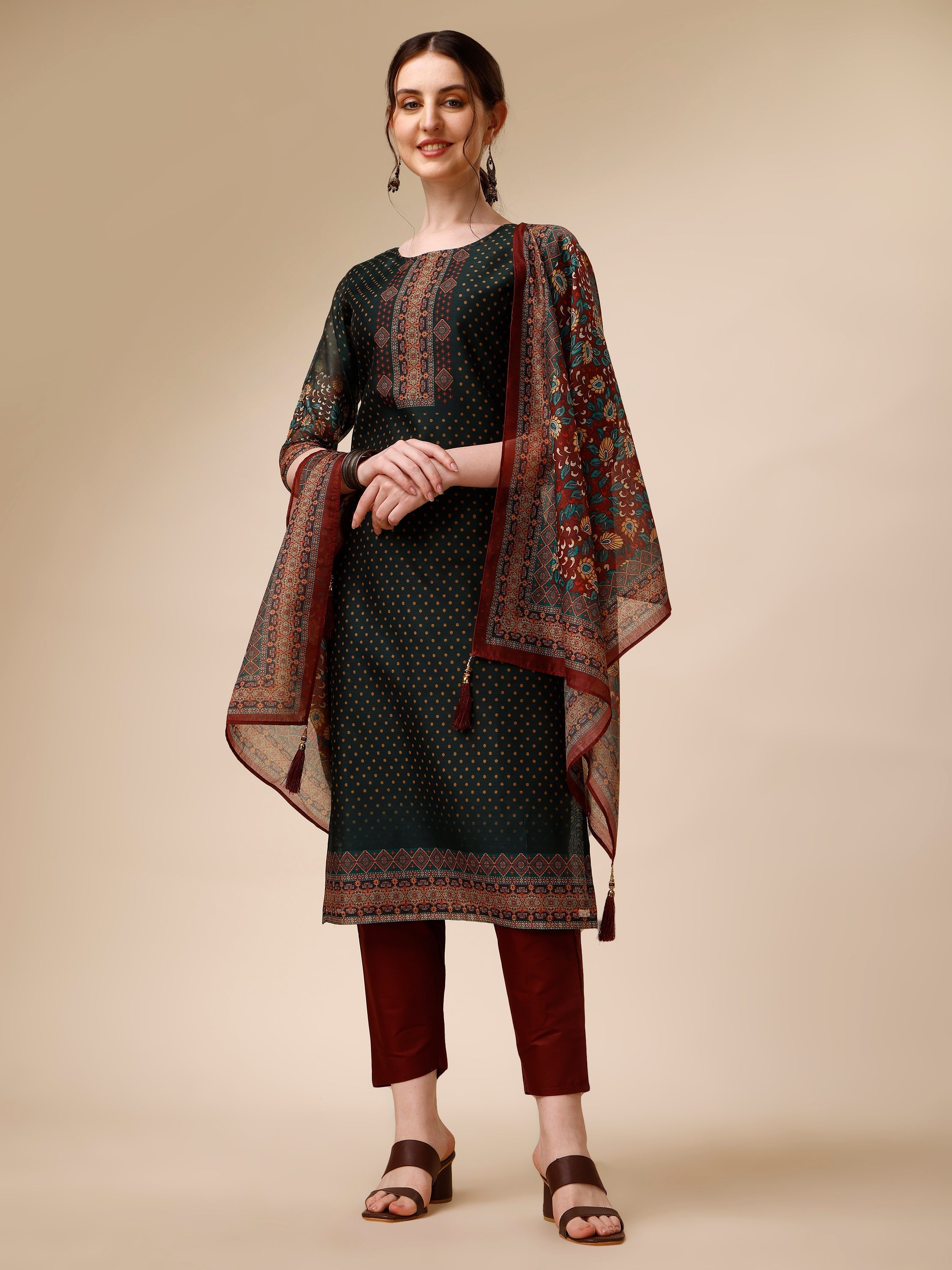 Polka & Floral Printed Chanderi Kurta With Pant & Dupatta, Multicolor - Hiral Fashion - Distacart