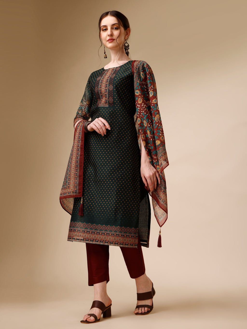 Polka & Floral Printed Chanderi Kurta With Pant & Dupatta, Multicolor - Hiral Fashion - Distacart