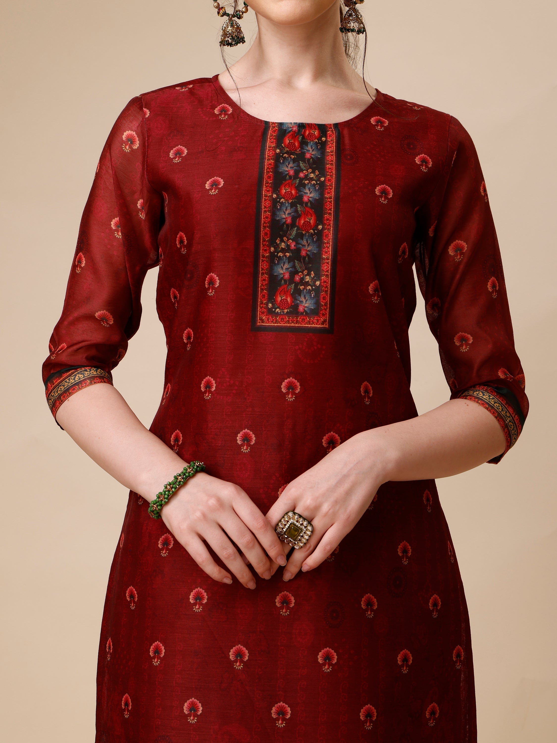 Peacock Printed Chanderi Kurta With Pant & Printed Dupatta, Multicolor - Hiral Fashion - Distacart