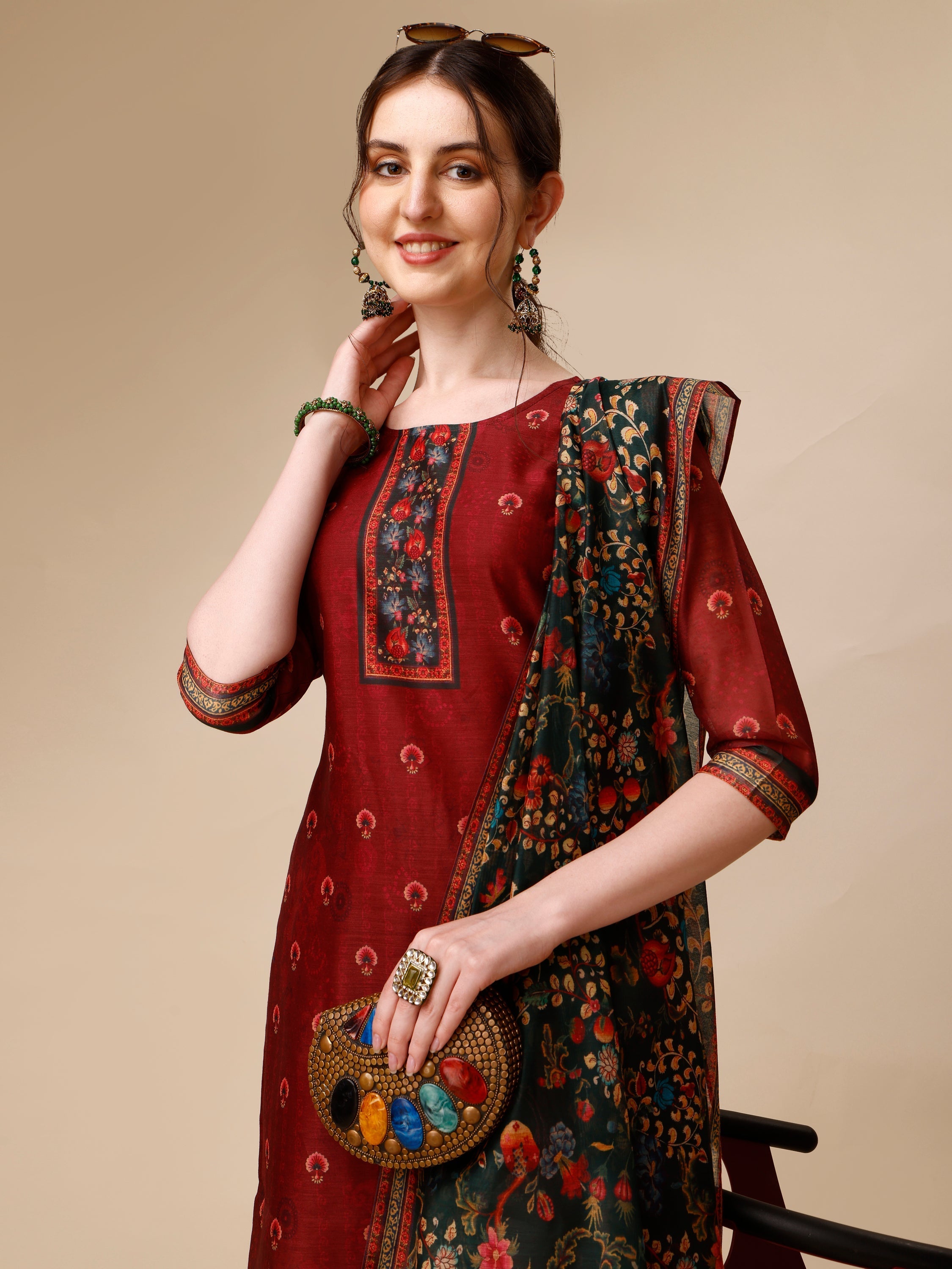 Peacock Printed Chanderi Kurta With Pant & Printed Dupatta, Multicolor - Hiral Fashion - Distacart