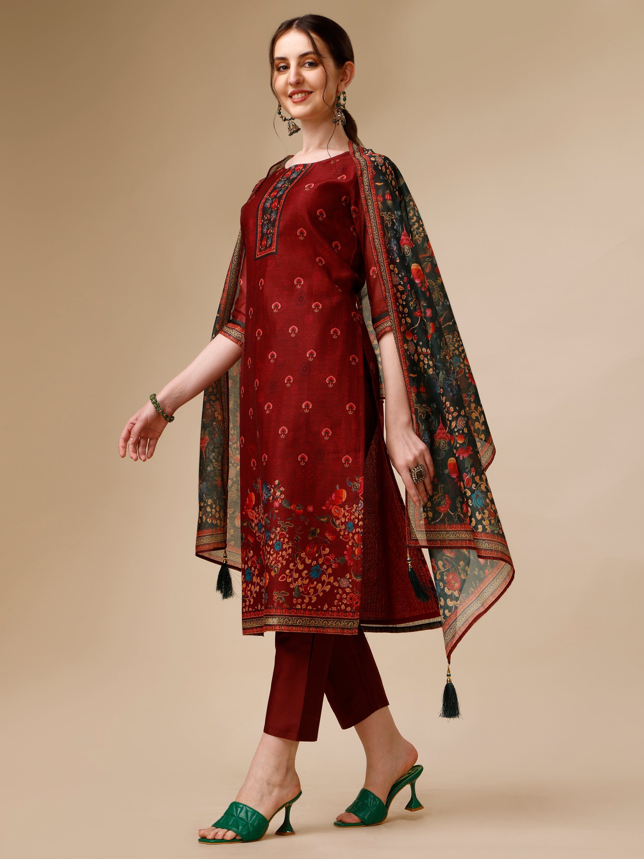 Peacock Printed Chanderi Kurta With Pant & Printed Dupatta, Multicolor - Hiral Fashion - Distacart