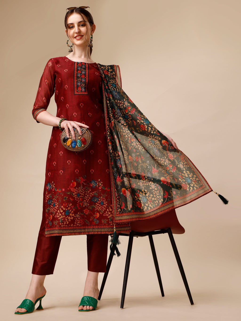 Peacock Printed Chanderi Kurta With Pant & Printed Dupatta, Multicolor - Hiral Fashion - Distacart