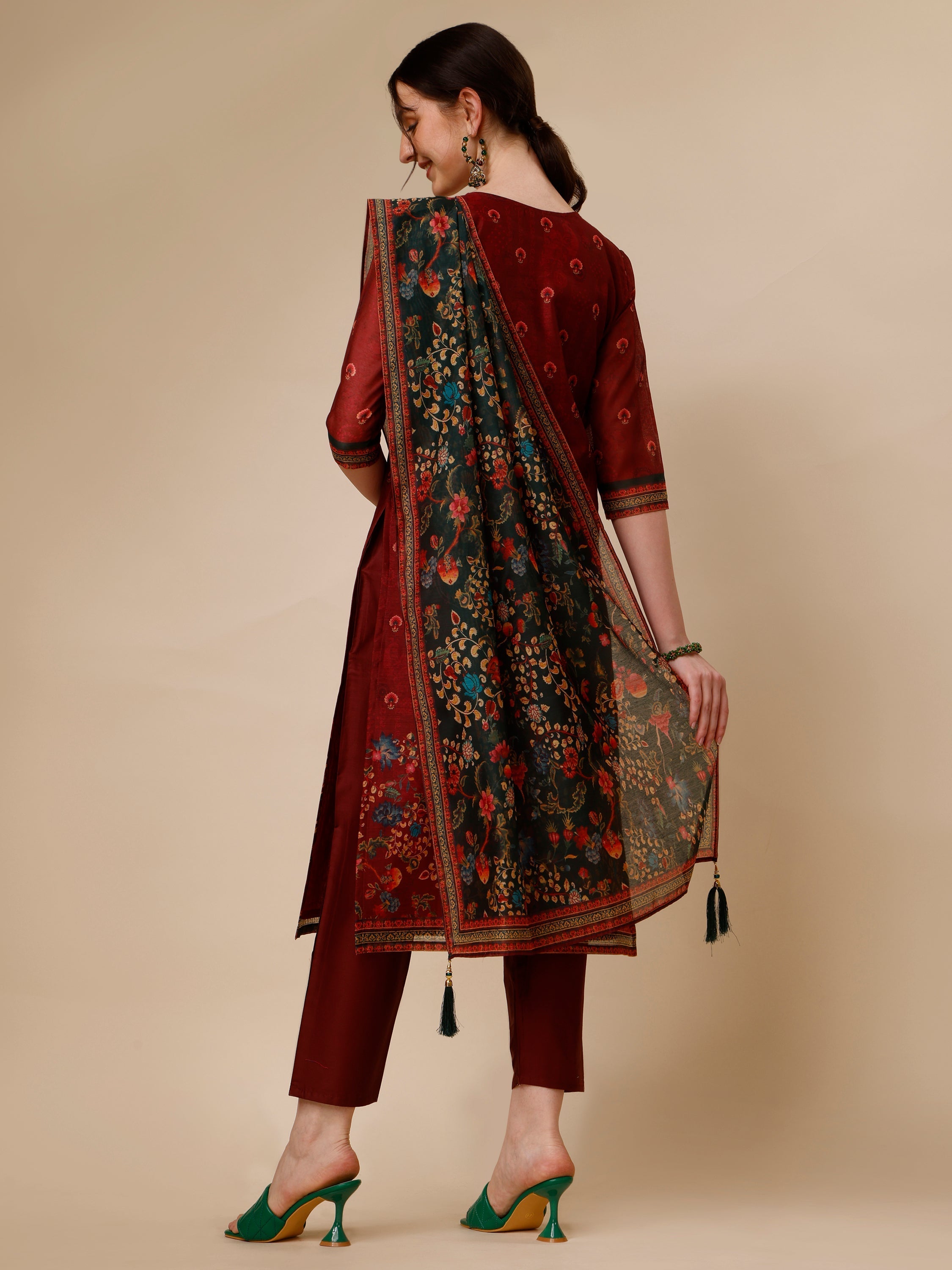 Peacock Printed Chanderi Kurta With Pant & Printed Dupatta, Multicolor - Hiral Fashion - Distacart