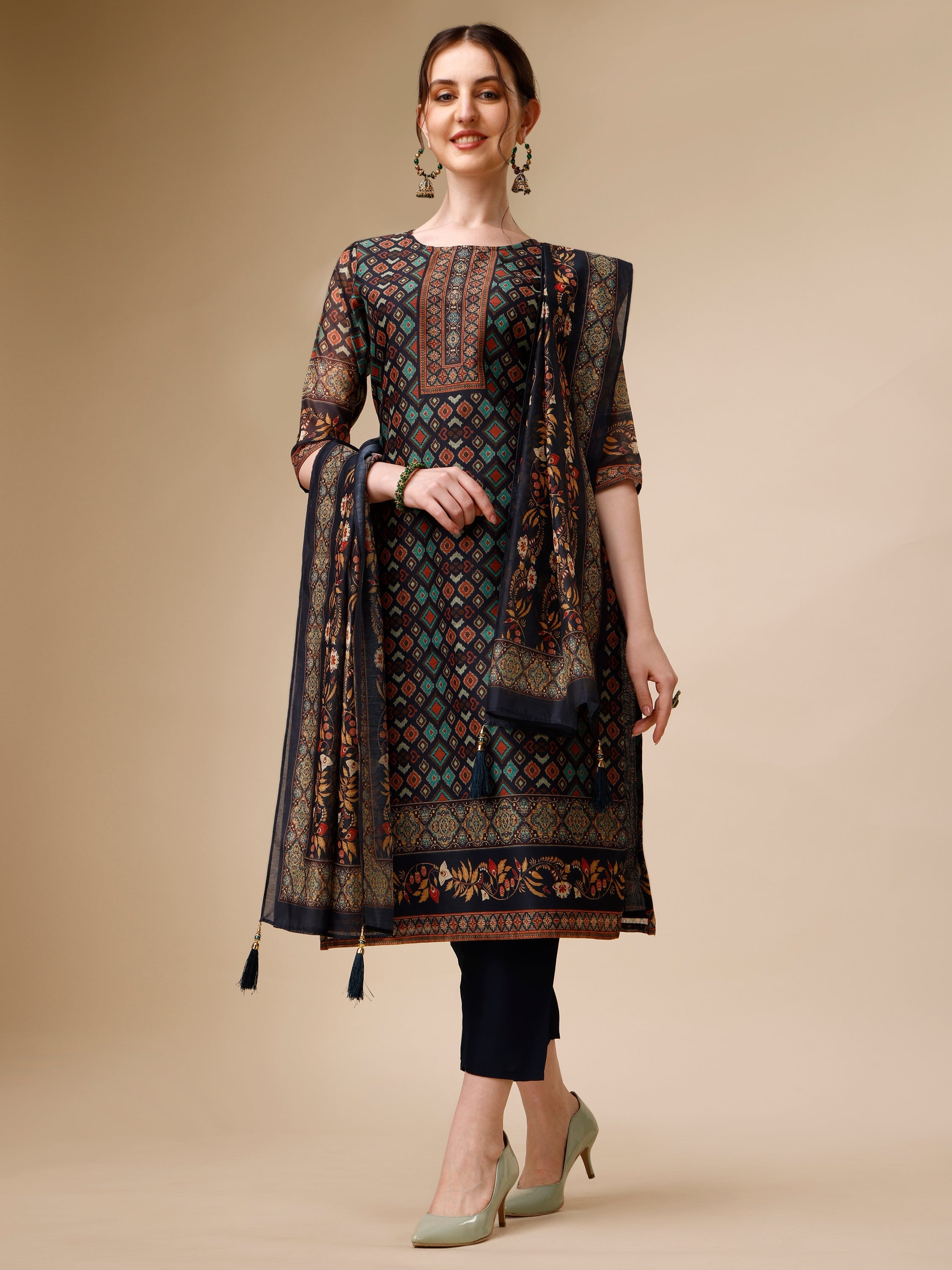 Ethnic Motif Printed Kurta With Pant & Printed Dupatta, Multicolor - Hiral Fashion - Distacart