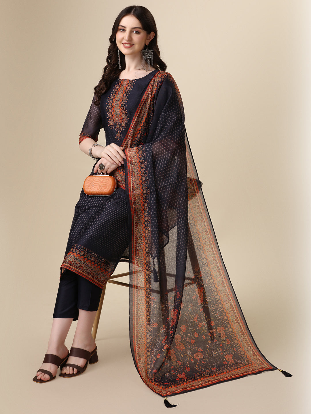 Printed & Hand Embroidered Kurta With Pant And Printed Dupatta Set, Multicolor - Hiral Fashion - Distacart