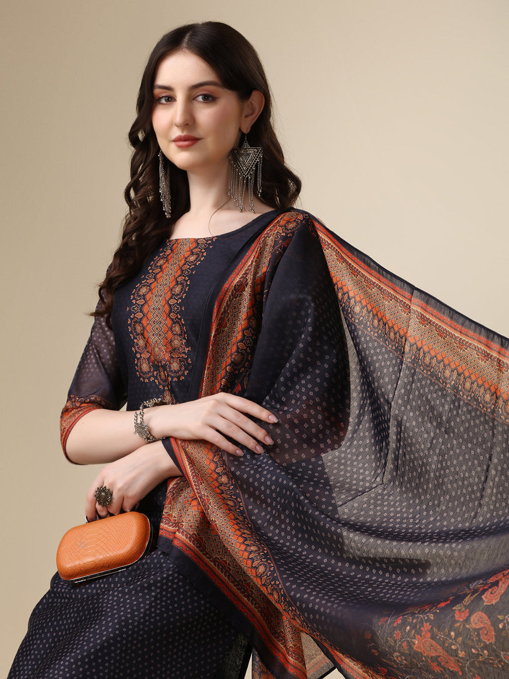 Printed & Hand Embroidered Kurta With Pant And Printed Dupatta Set, Multicolor - Hiral Fashion - Distacart