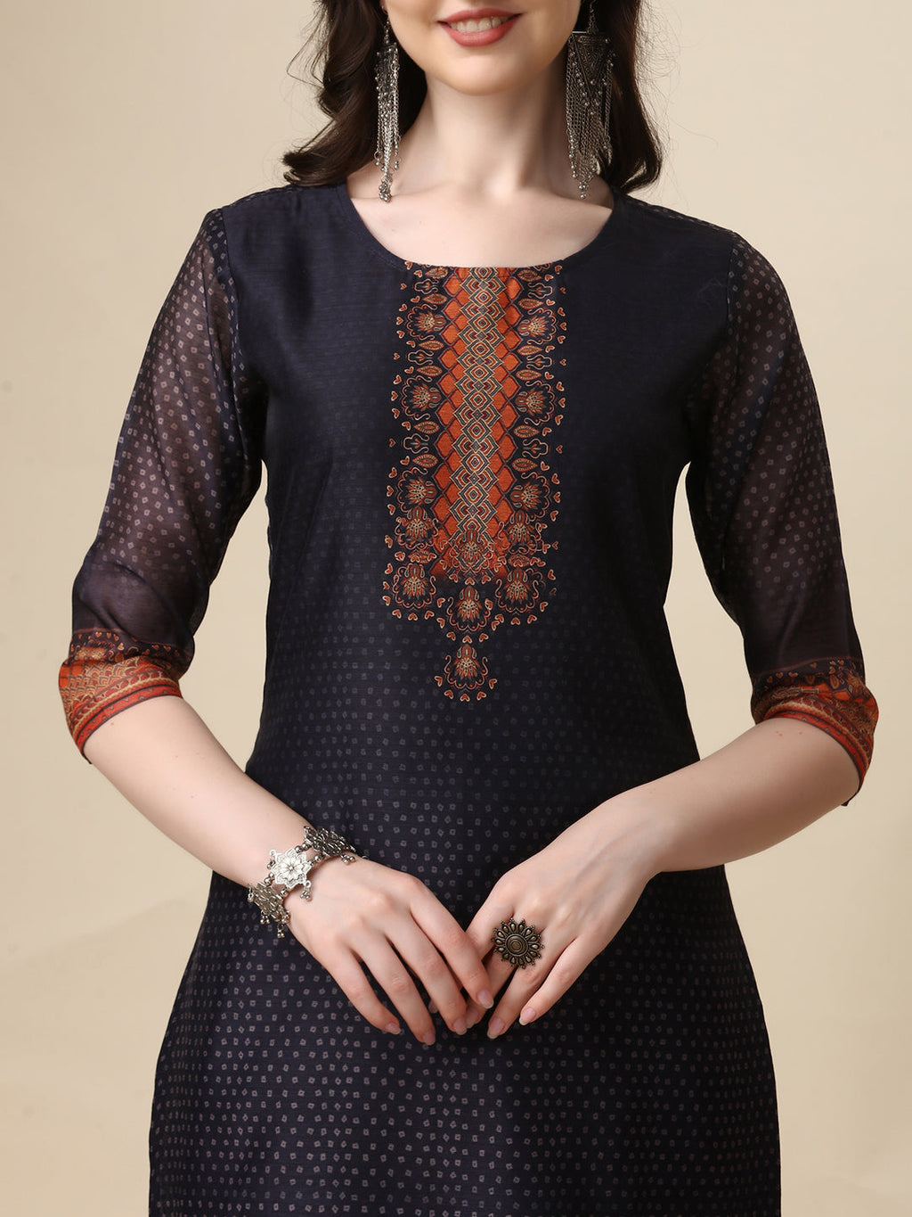 Printed & Hand Embroidered Kurta With Pant And Printed Dupatta Set, Multicolor - Hiral Fashion - Distacart