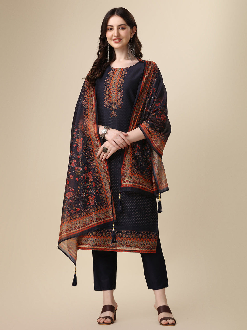 Printed & Hand Embroidered Kurta With Pant And Printed Dupatta Set, Multicolor - Hiral Fashion - Distacart