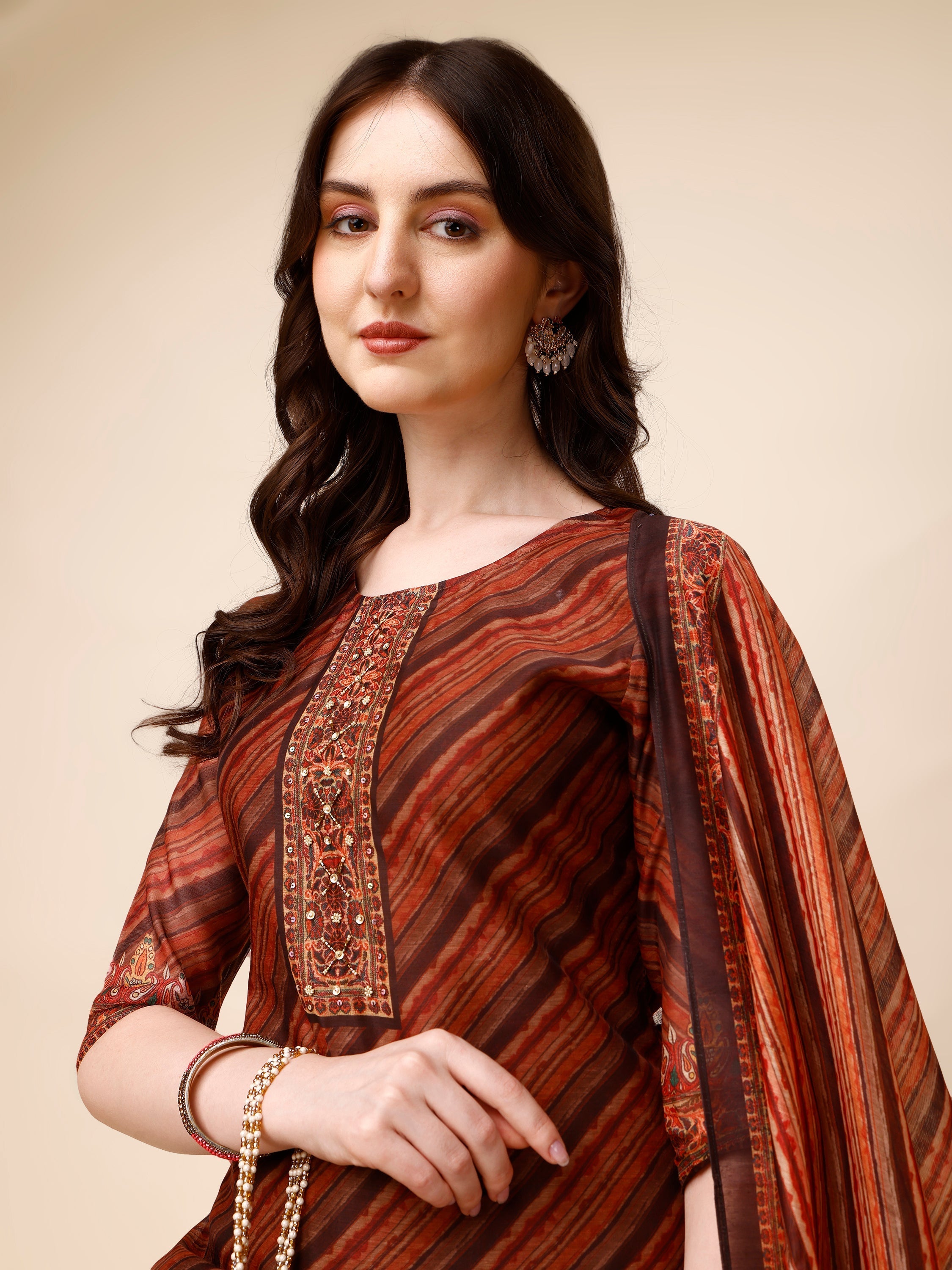 Leheriya Printed & Embroidered Kurta With Pant And Dupatta Set, Multicolor - Hiral Fashion - Distacart