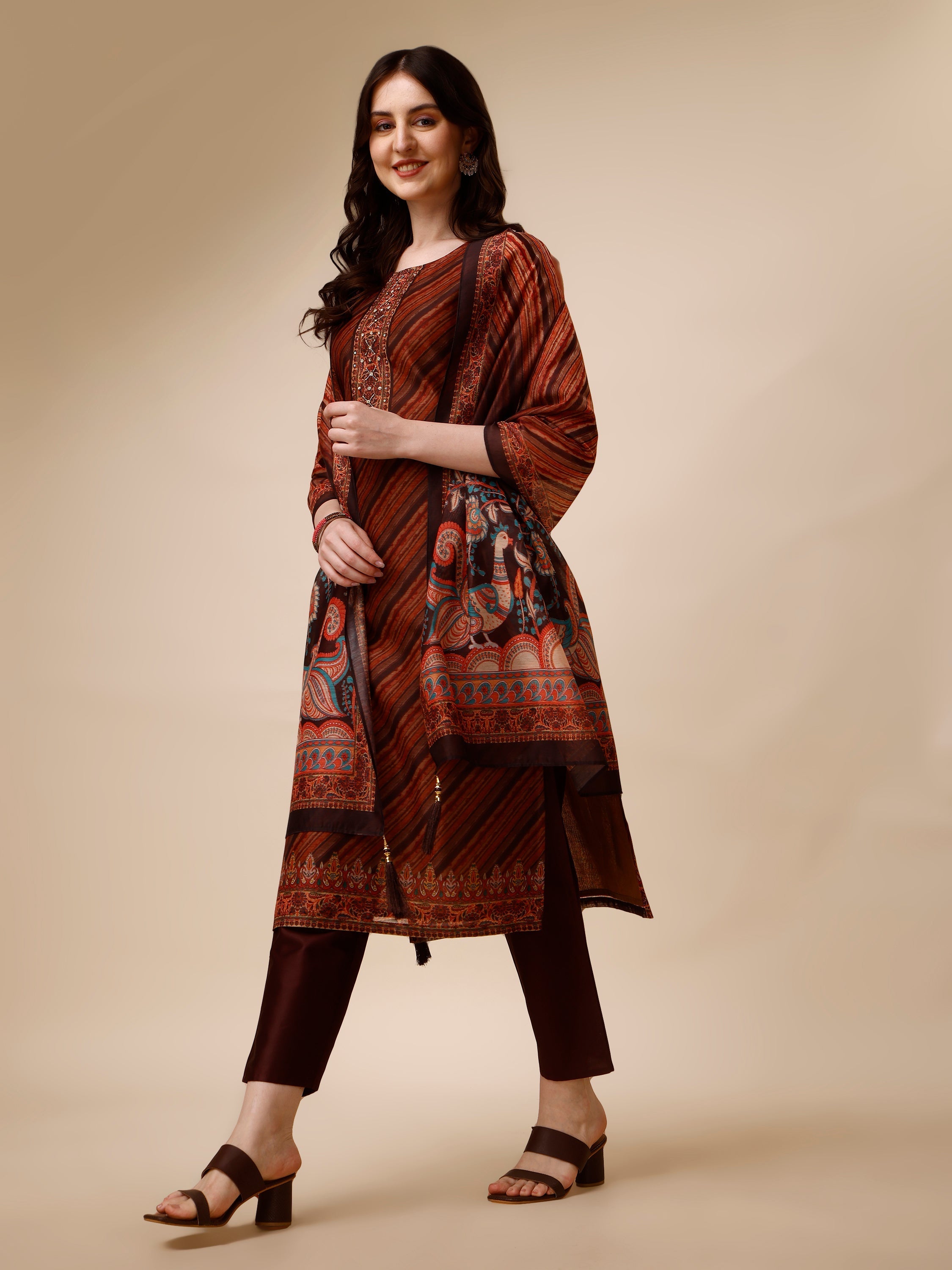 Leheriya Printed & Embroidered Kurta With Pant And Dupatta Set, Multicolor - Hiral Fashion - Distacart
