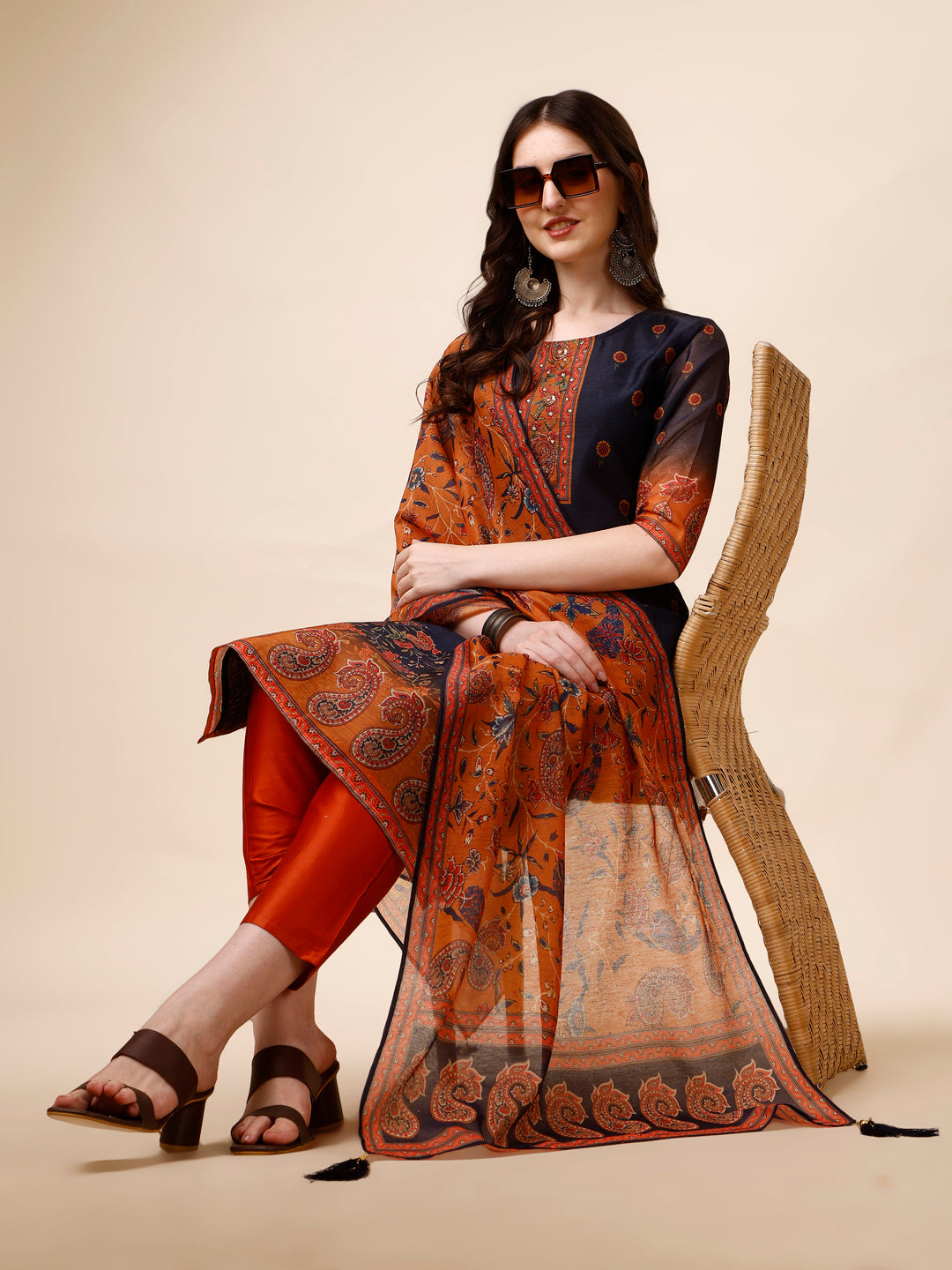 Ethnic Motif Printed & Embroidered Kurta With Pant & Dupatta Set, Multicolor - Hiral Fashion - Distacart