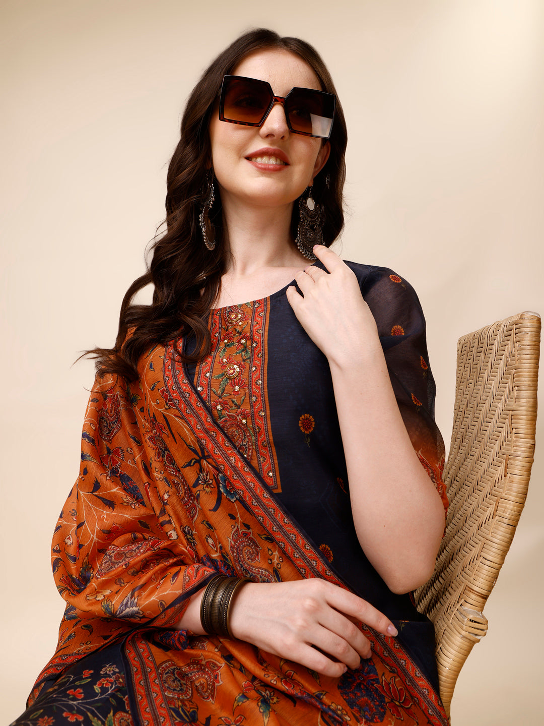 Ethnic Motif Printed & Embroidered Kurta With Pant & Dupatta Set, Multicolor - Hiral Fashion - Distacart