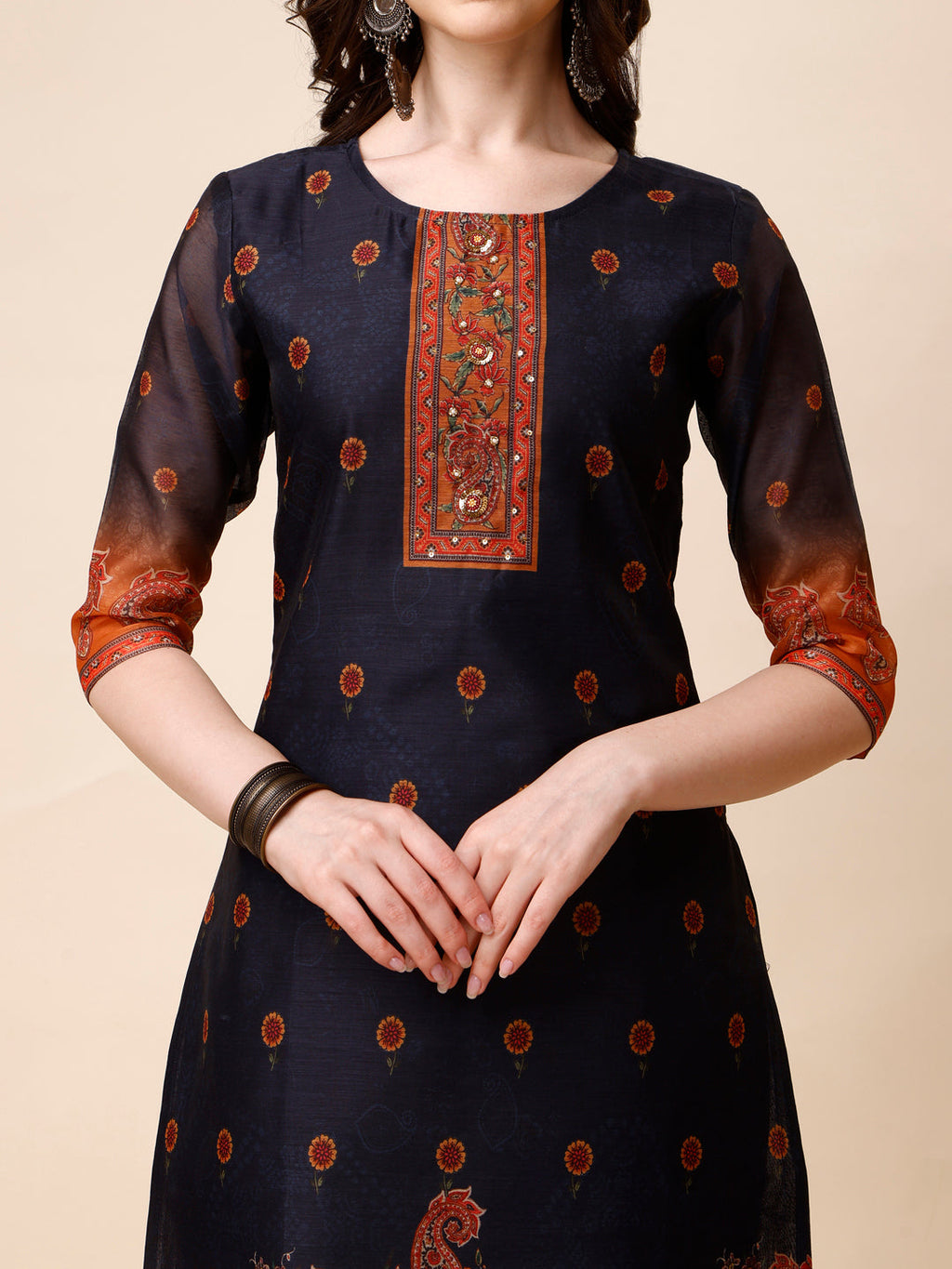 Ethnic Motif Printed & Embroidered Kurta With Pant & Dupatta Set, Multicolor - Hiral Fashion - Distacart