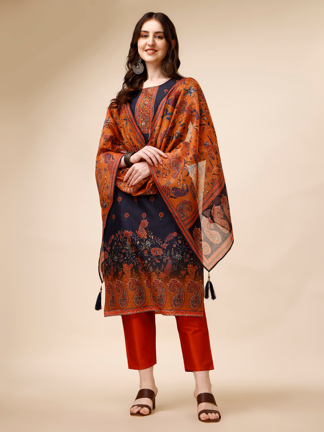 Ethnic Motif Printed & Embroidered Kurta With Pant & Dupatta Set, Multicolor - Hiral Fashion - Distacart