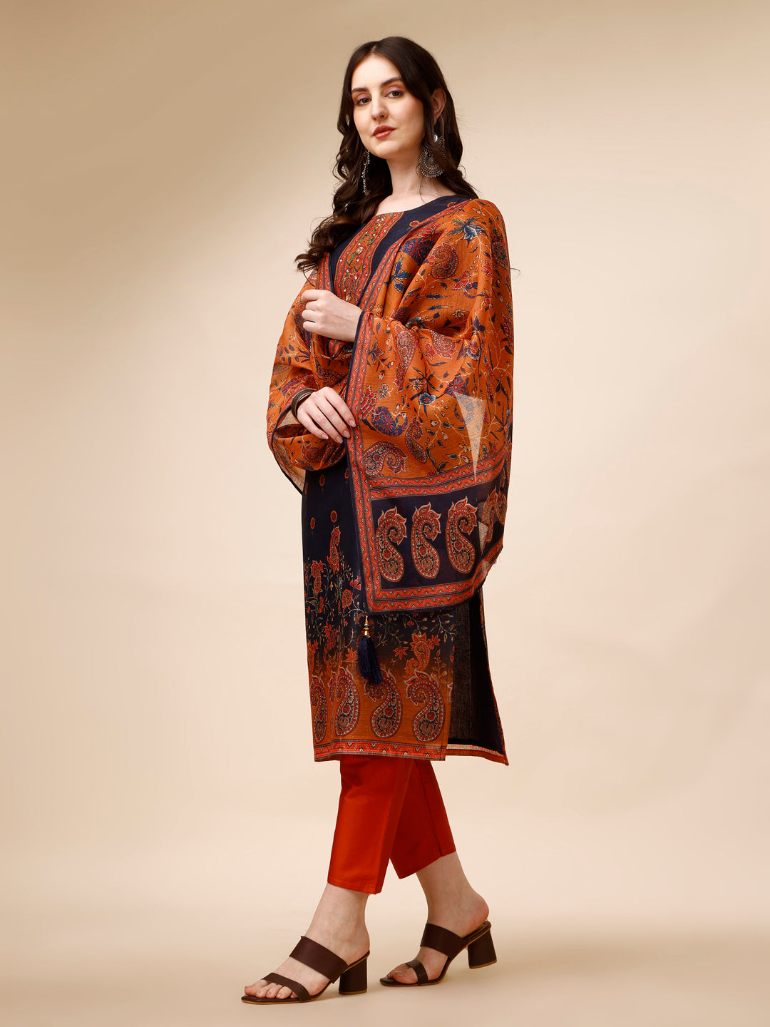 Ethnic Motif Printed & Embroidered Kurta With Pant & Dupatta Set, Multicolor - Hiral Fashion - Distacart