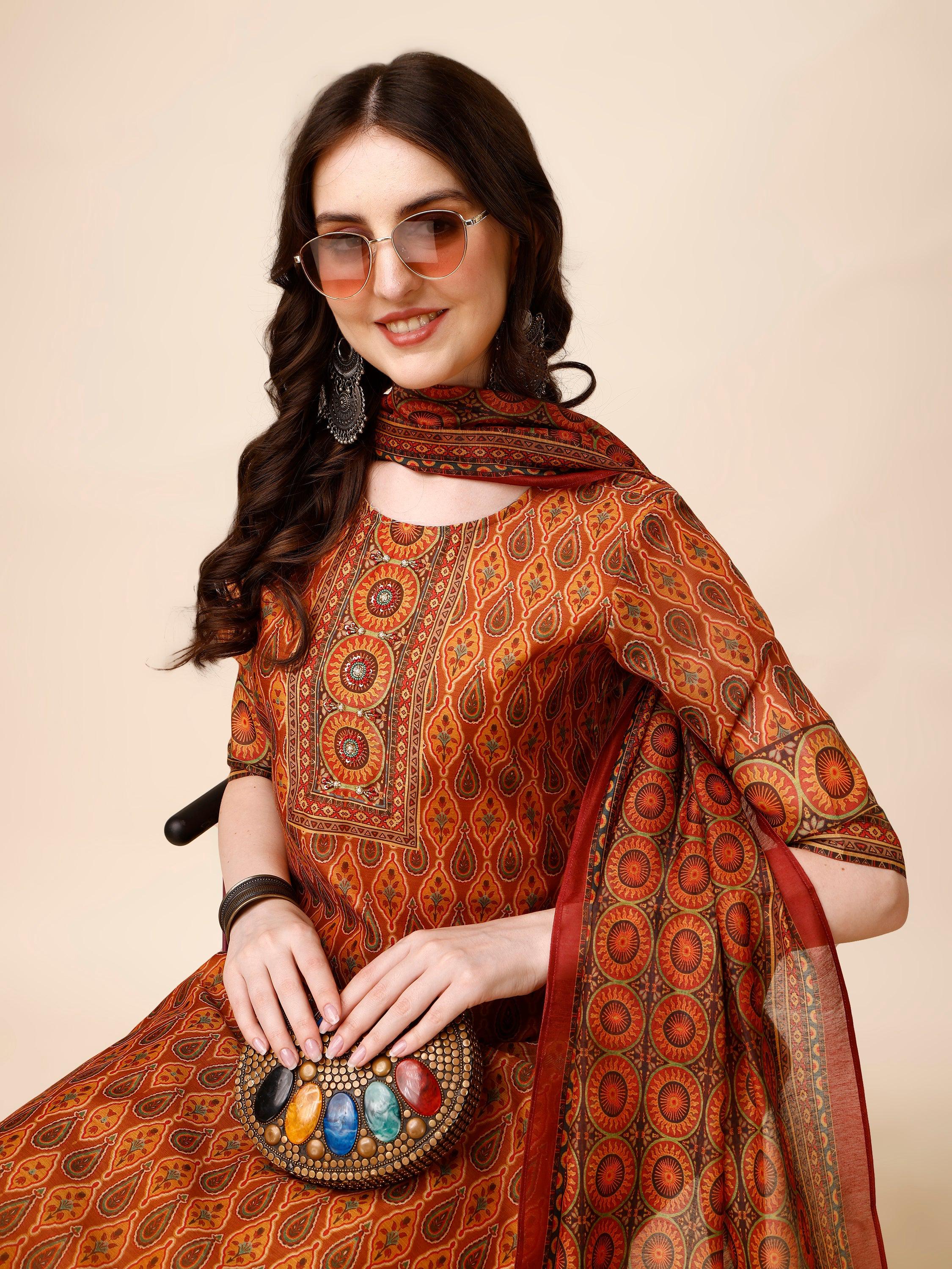 Ethnic Motif Printed & Embroidered Kurta With Pant & Dupatta Set, Multicolor - Hiral Fashion - Distacart