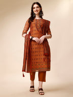 Ethnic Motif Printed & Embroidered Kurta With Pant & Dupatta Set, Multicolor - Hiral Fashion - Distacart