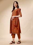 Ethnic Motif Printed & Embroidered Kurta With Pant & Dupatta Set, Multicolor - Hiral Fashion - Distacart
