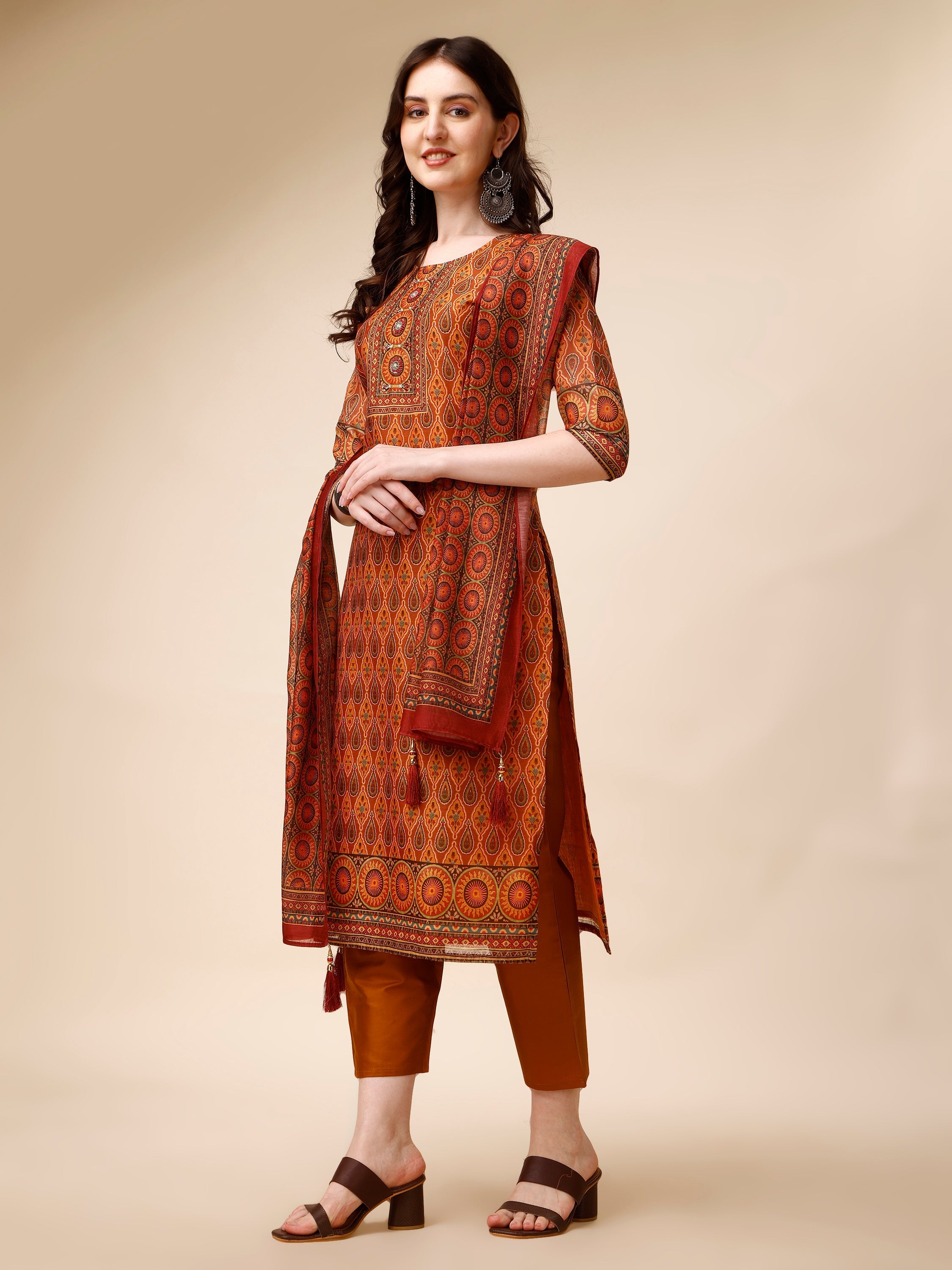 Ethnic Motif Printed & Embroidered Kurta With Pant & Dupatta Set, Multicolor - Hiral Fashion - Distacart