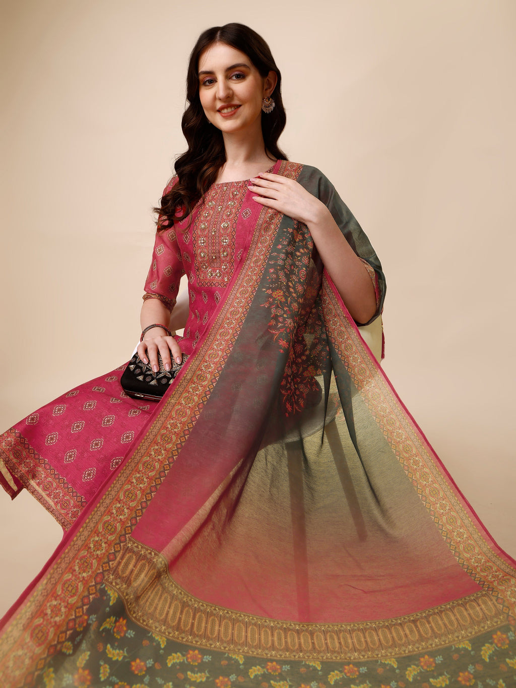 Printed & Embroidered Kurta With Pant & Dupatta Set, Multicolor - Hiral Fashion - Distacart