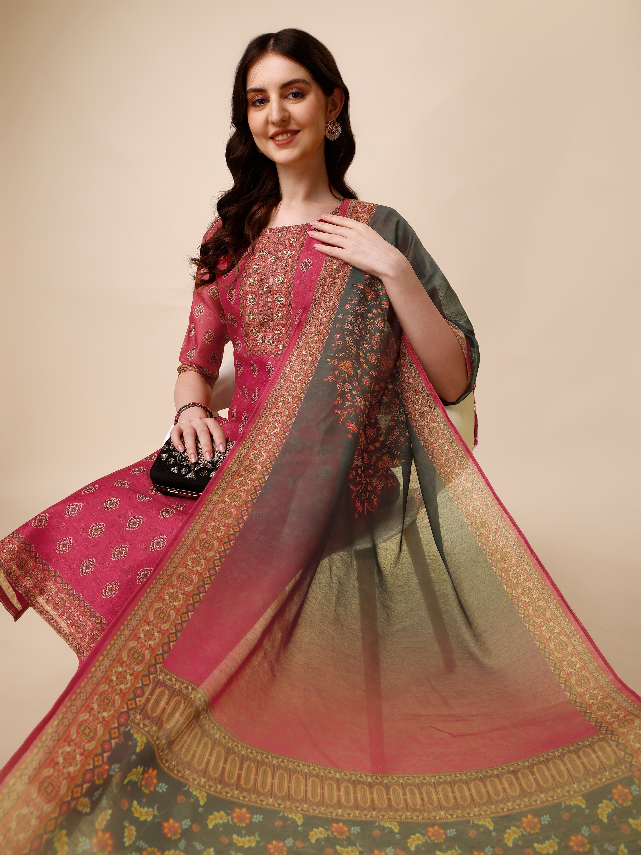 Printed & Embroidered Kurta With Pant & Dupatta Set, Multicolor - Hiral Fashion - Distacart