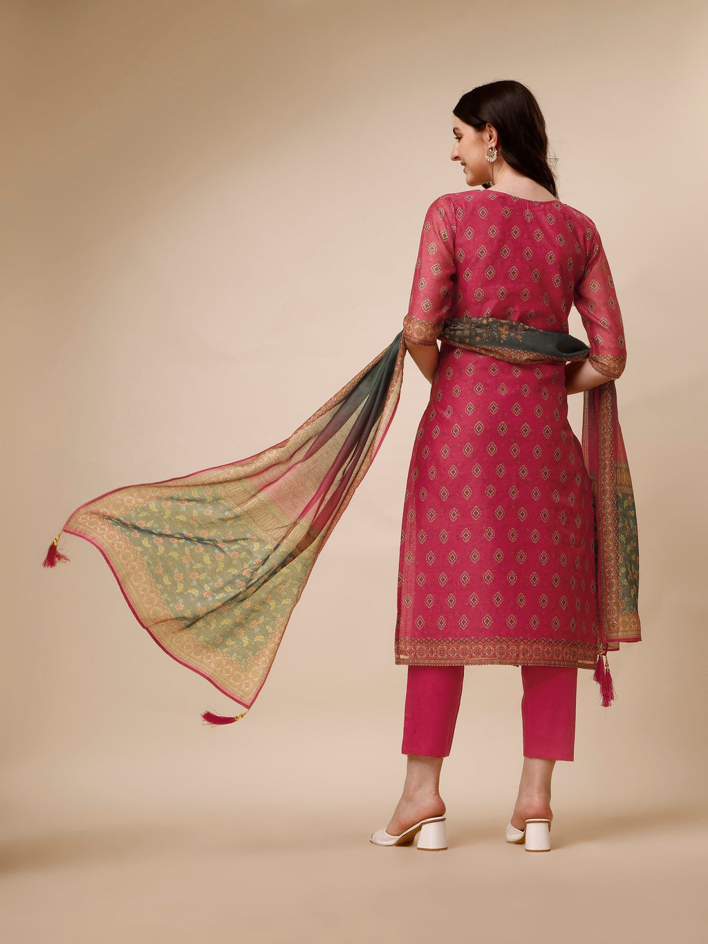 Printed & Embroidered Kurta With Pant & Dupatta Set, Multicolor - Hiral Fashion - Distacart