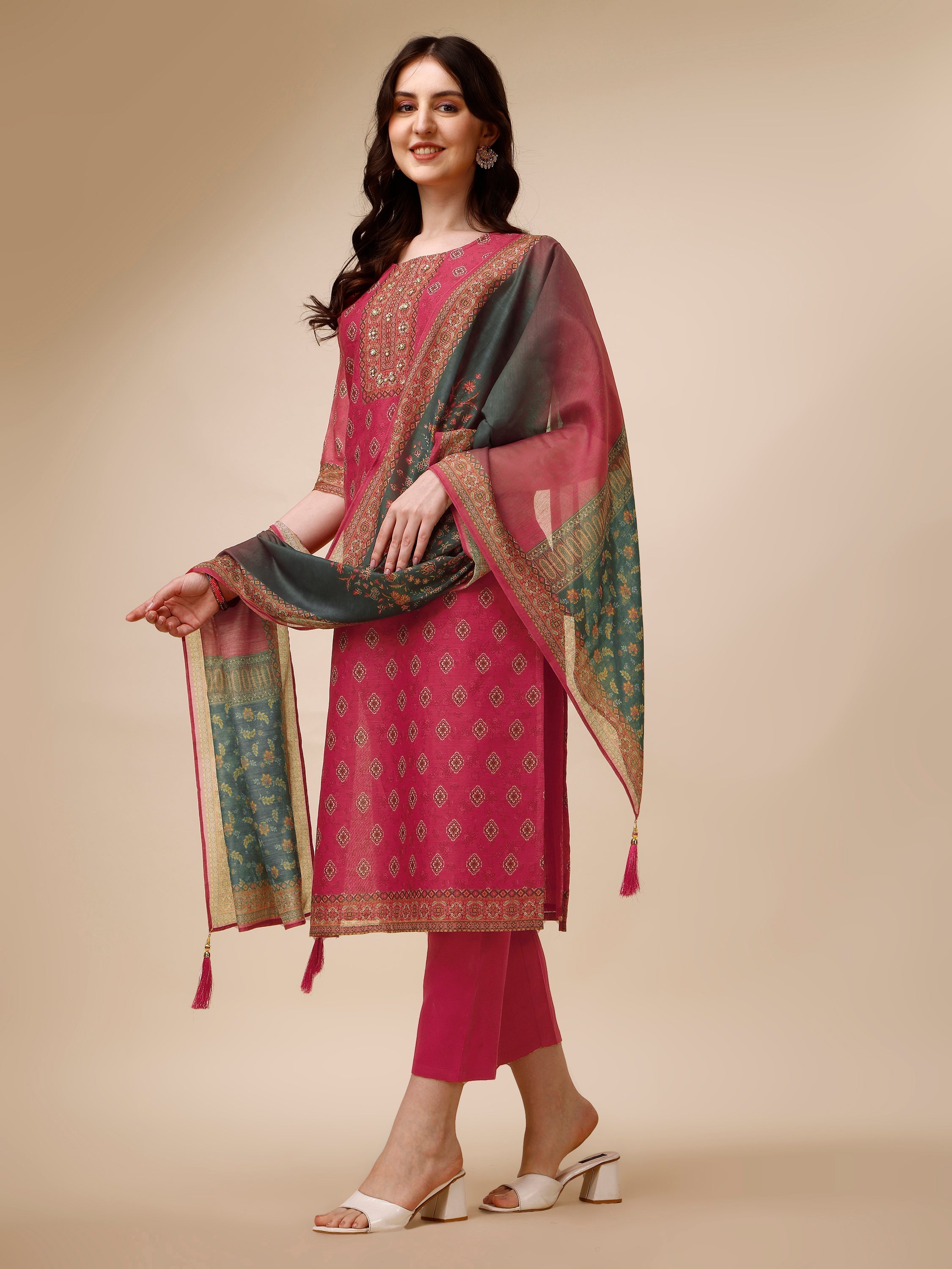Printed & Embroidered Kurta With Pant & Dupatta Set, Multicolor - Hiral Fashion - Distacart