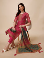 Printed & Embroidered Kurta With Pant & Dupatta Set, Multicolor - Hiral Fashion - Distacart