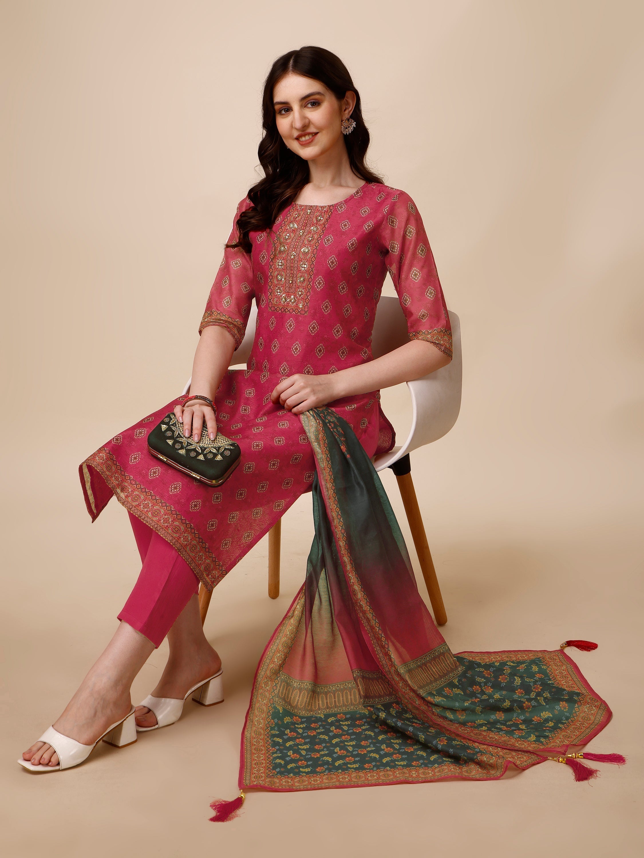 Printed & Embroidered Kurta With Pant & Dupatta Set, Multicolor - Hiral Fashion - Distacart