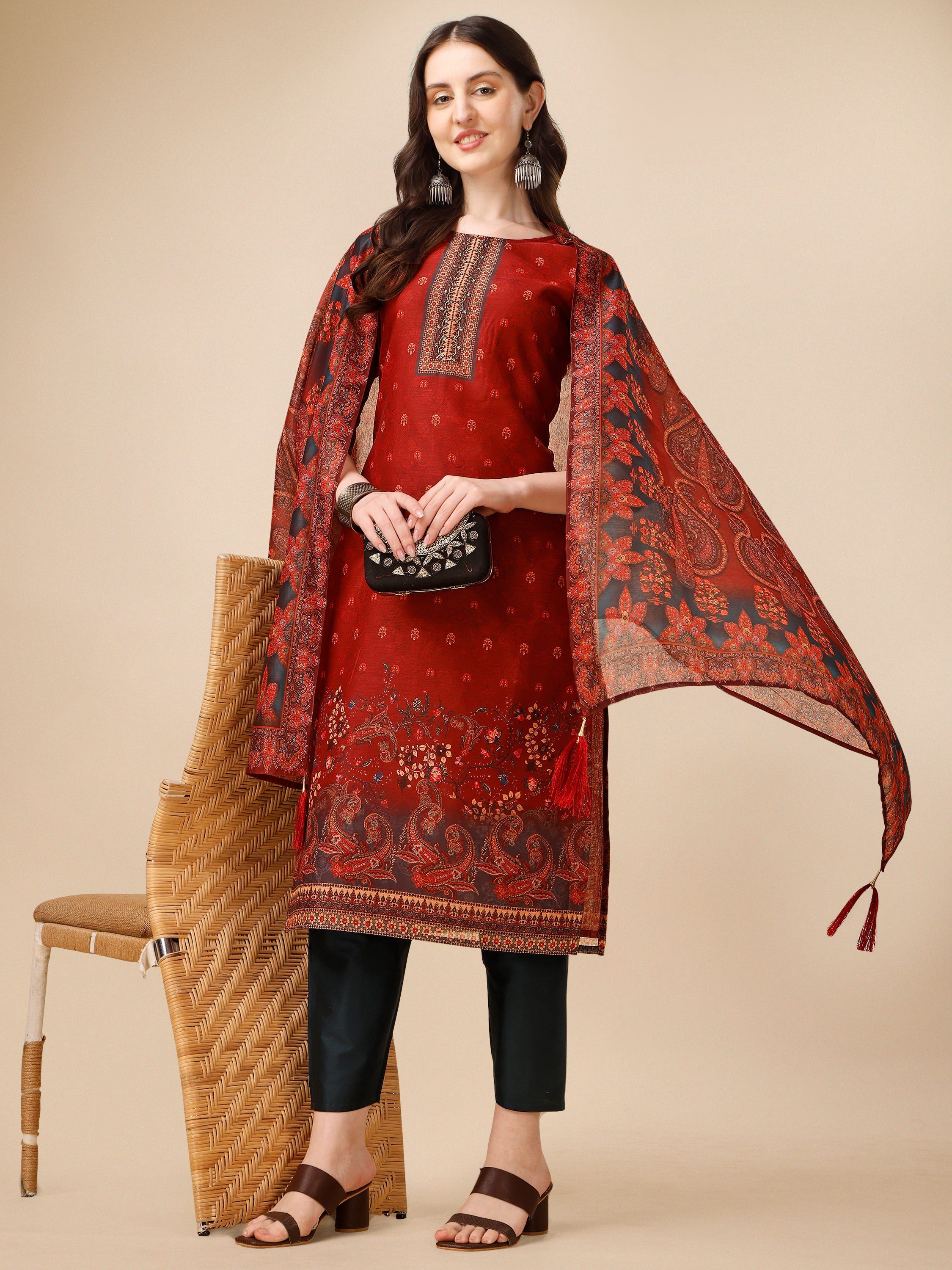 Printed And Embroidered Kurta With Pant And Dupatta Set, Multicolor - Hiral Fashion - Distacart