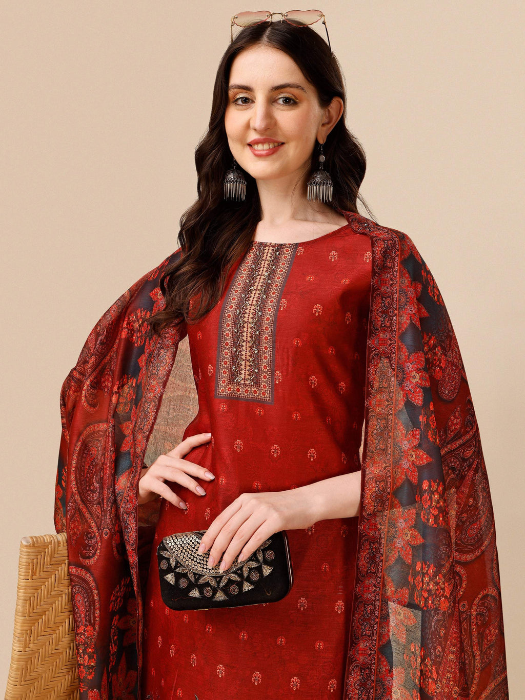 Printed And Embroidered Kurta With Pant And Dupatta Set, Multicolor - Hiral Fashion - Distacart