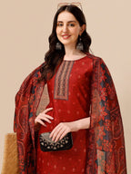 Printed And Embroidered Kurta With Pant And Dupatta Set, Multicolor - Hiral Fashion - Distacart