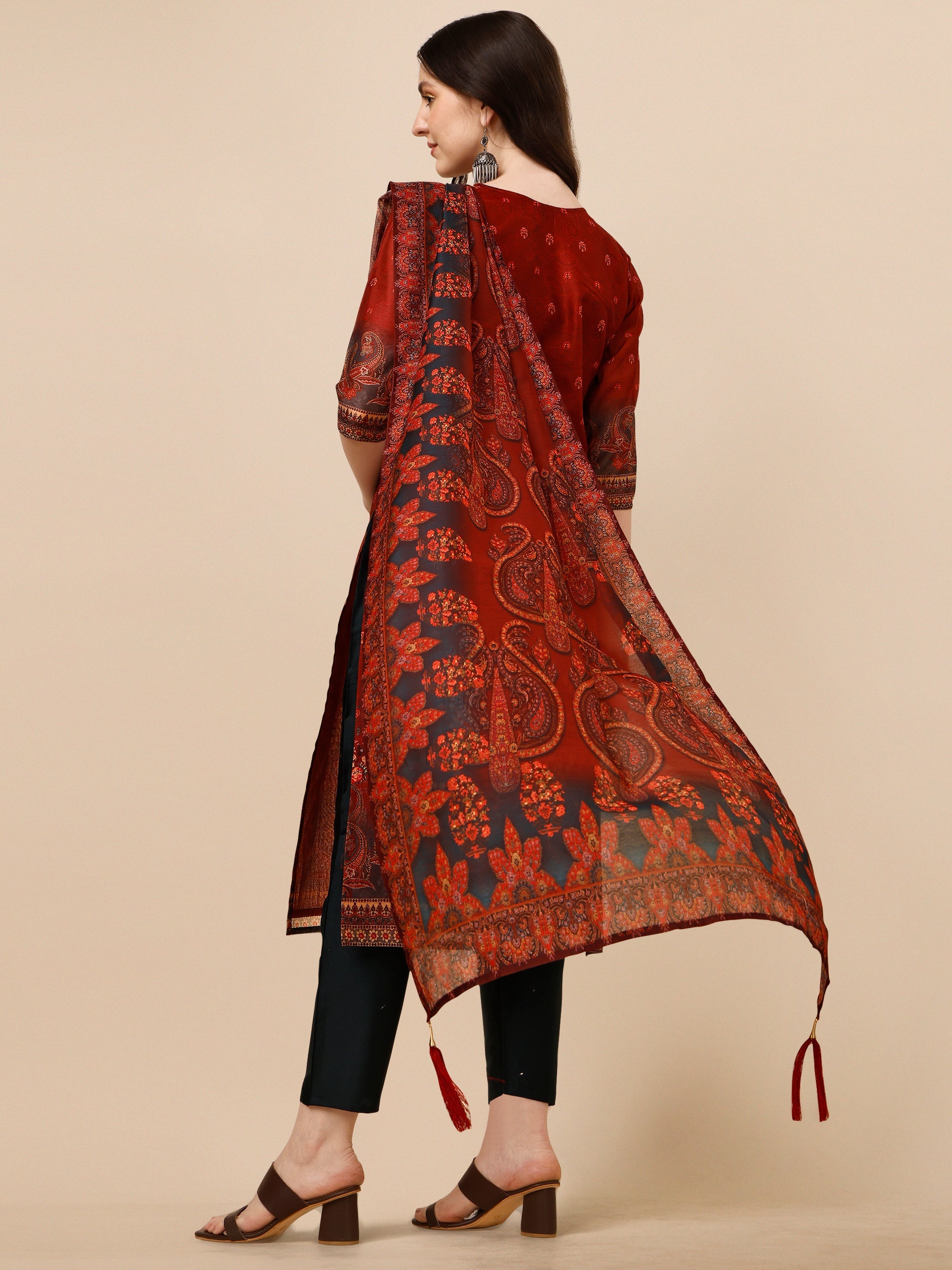 Printed And Embroidered Kurta With Pant And Dupatta Set, Multicolor - Hiral Fashion - Distacart