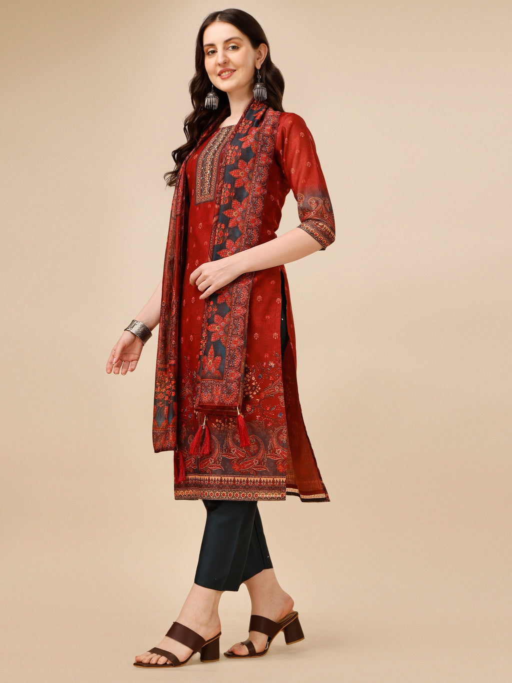 Printed And Embroidered Kurta With Pant And Dupatta Set, Multicolor - Hiral Fashion - Distacart