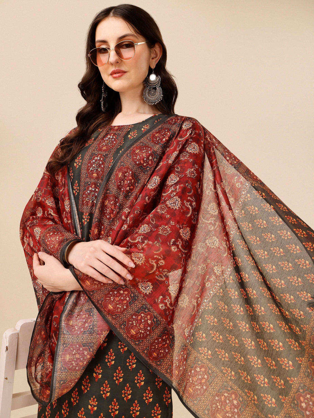 Printed And Embroidered Kurta With Pant & Dupatta Set, Multicolor - Hiral Fashion - Distacart