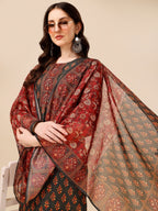 Printed And Embroidered Kurta With Pant & Dupatta Set, Multicolor - Hiral Fashion - Distacart