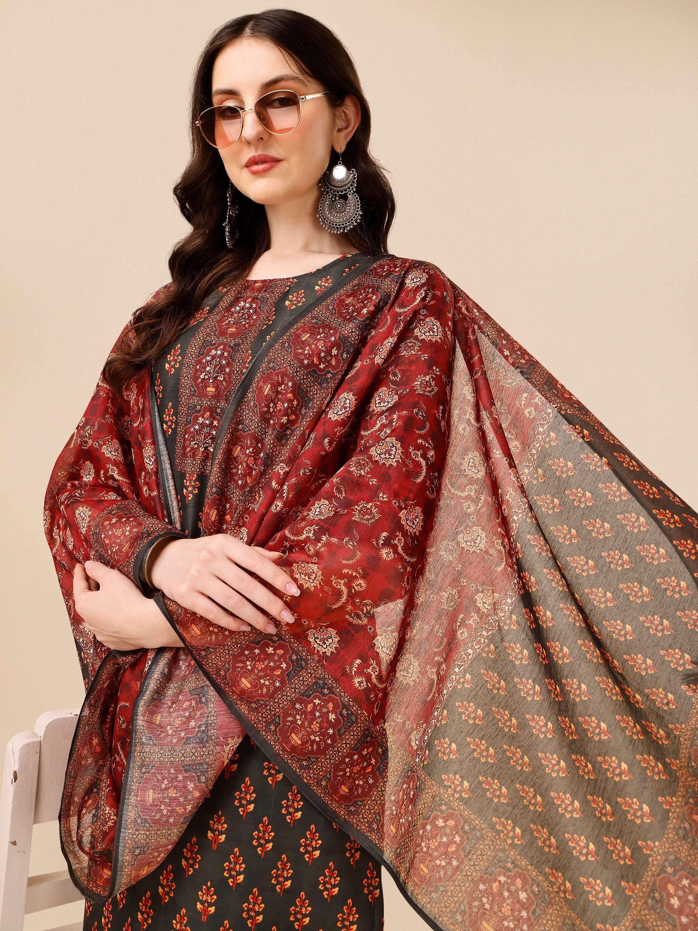 Printed And Embroidered Kurta With Pant & Dupatta Set, Multicolor - Hiral Fashion - Distacart