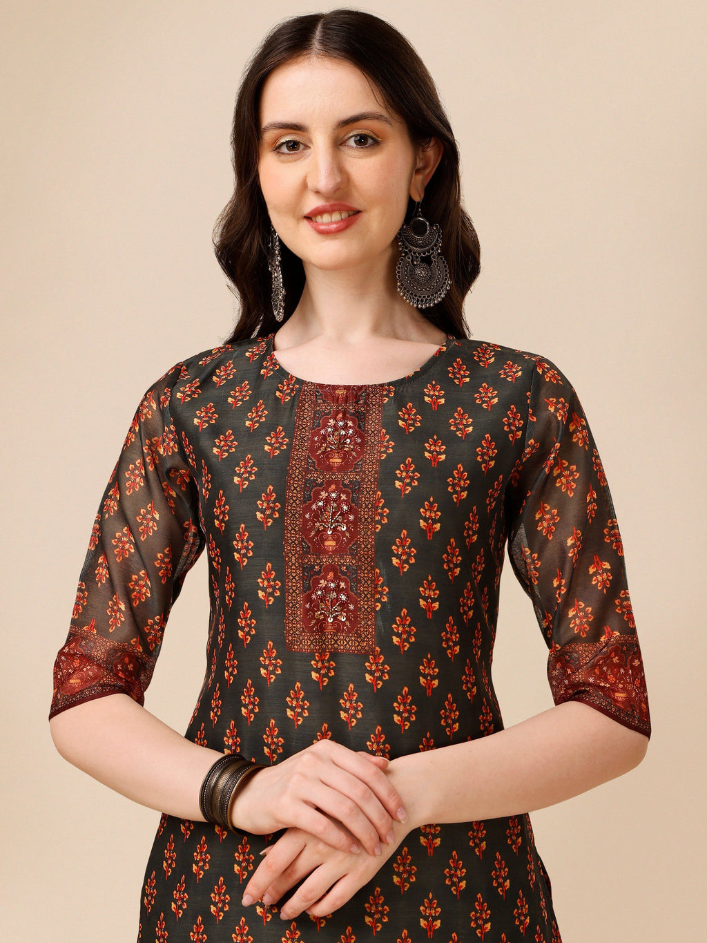 Printed And Embroidered Kurta With Pant & Dupatta Set, Multicolor - Hiral Fashion - Distacart