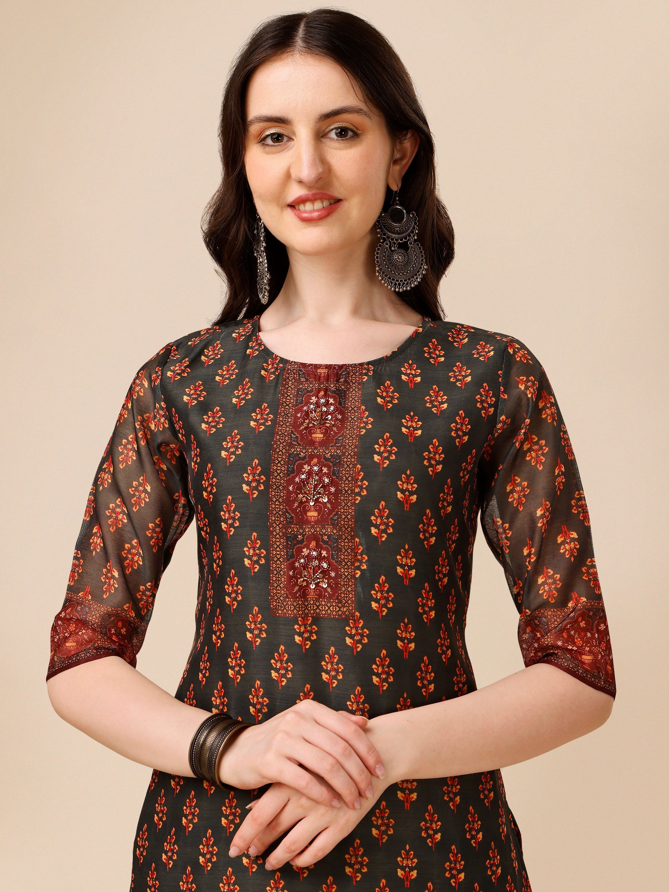 Printed And Embroidered Kurta With Pant & Dupatta Set, Multicolor - Hiral Fashion - Distacart